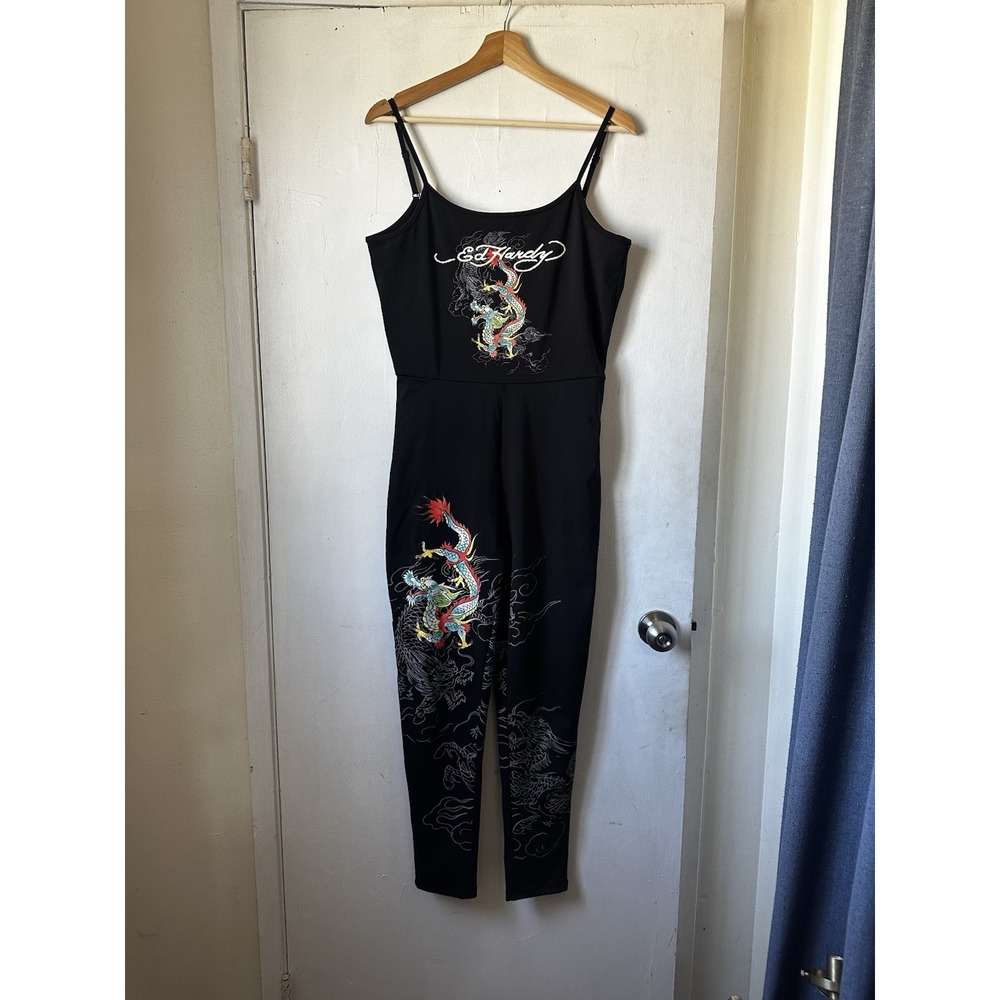 Ed Hardy Women's Dragons Print Jumpsuit Spaghetti Strap Black Tattoo Y2K Large